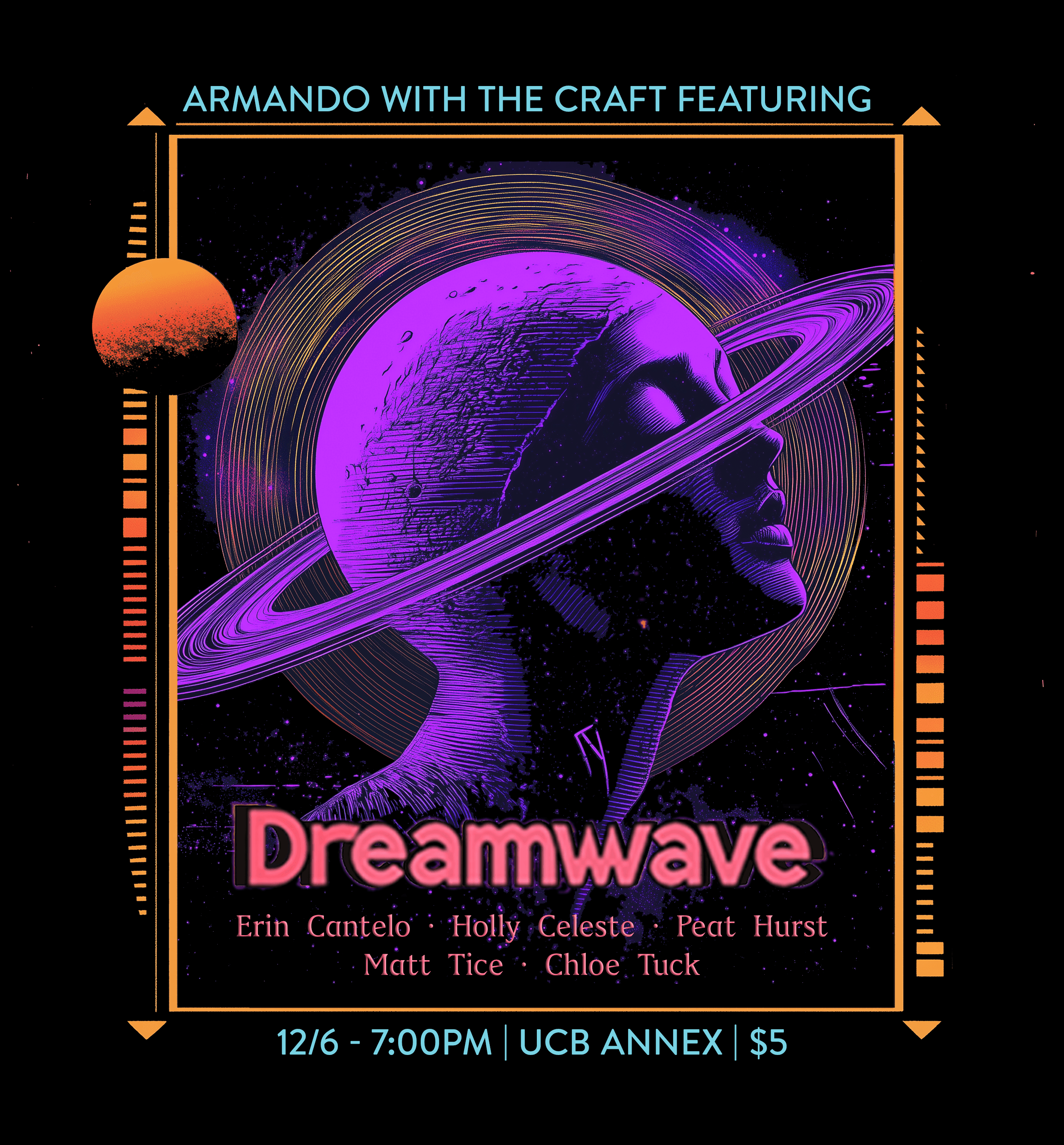 Dreamwave poster with a purple cratered head in profile surrounded by planetary rings and orange editorial framing lines.