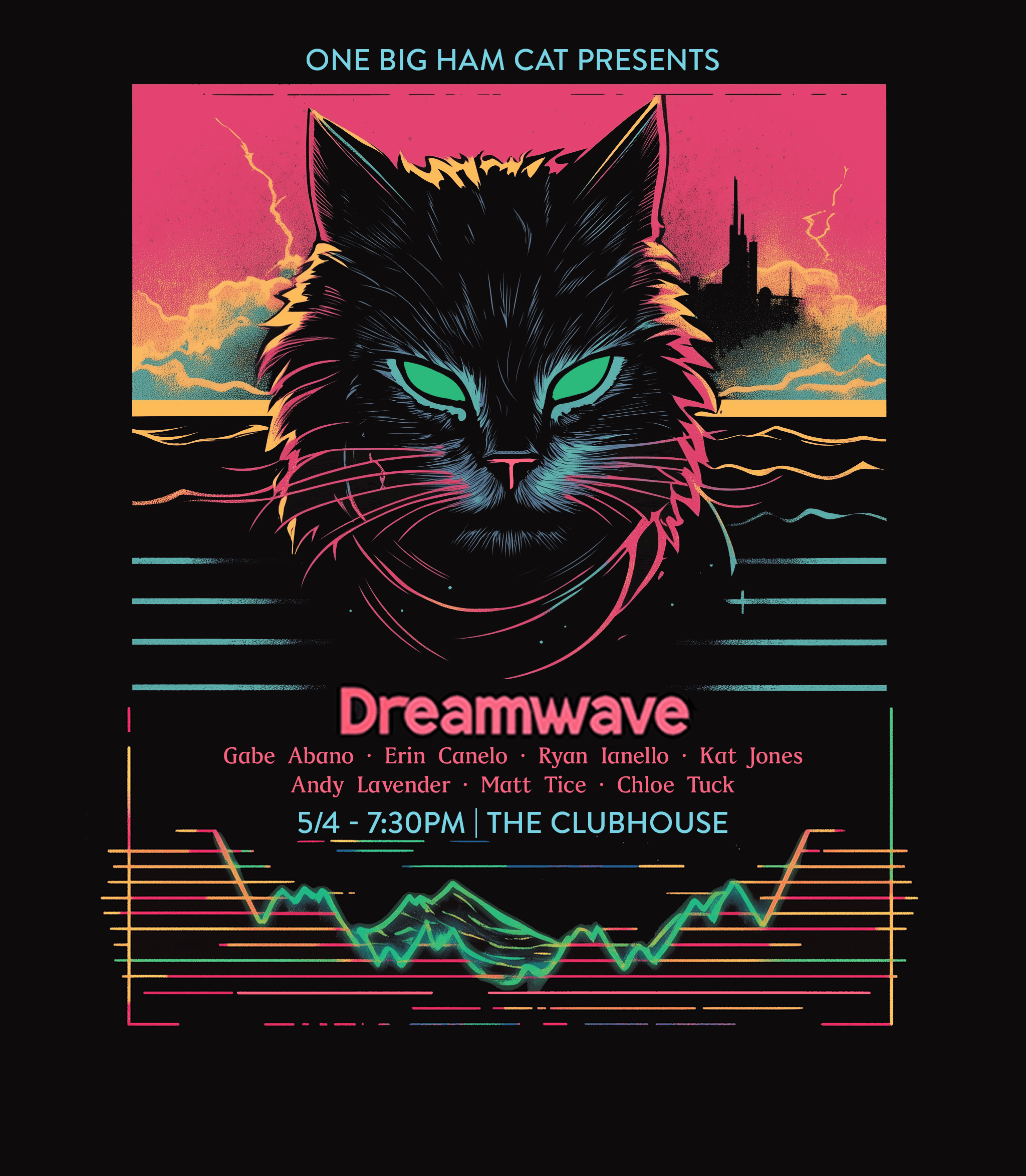 Dreamwave poster with a neon black cat, green eyes, pink sky, lightning bolts, and a city skyline over a striped horizon.