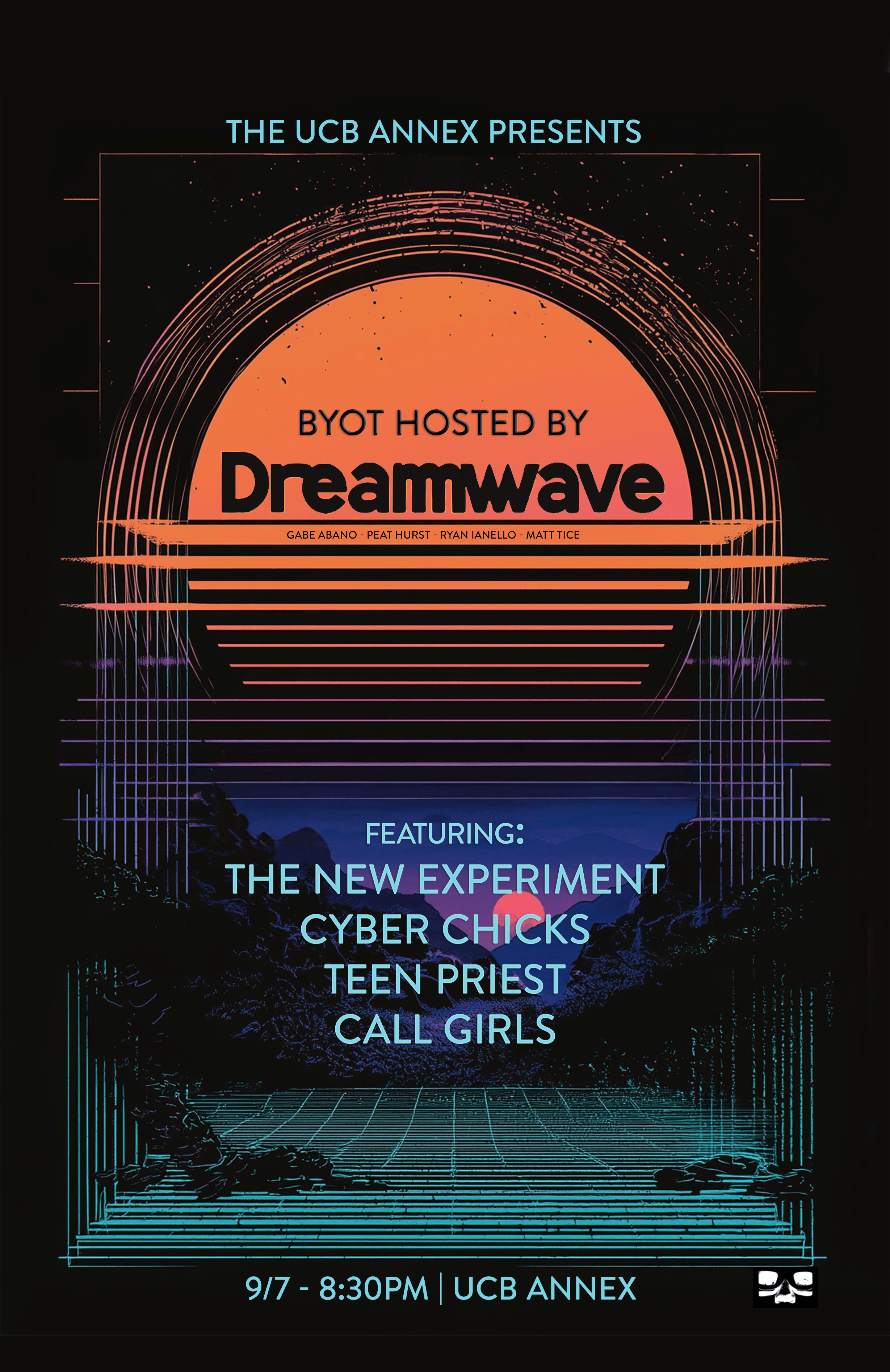 Dreamwave BYOT poster with orange gradient sun, purple mountain silhouettes, and teal perspective grid on black.