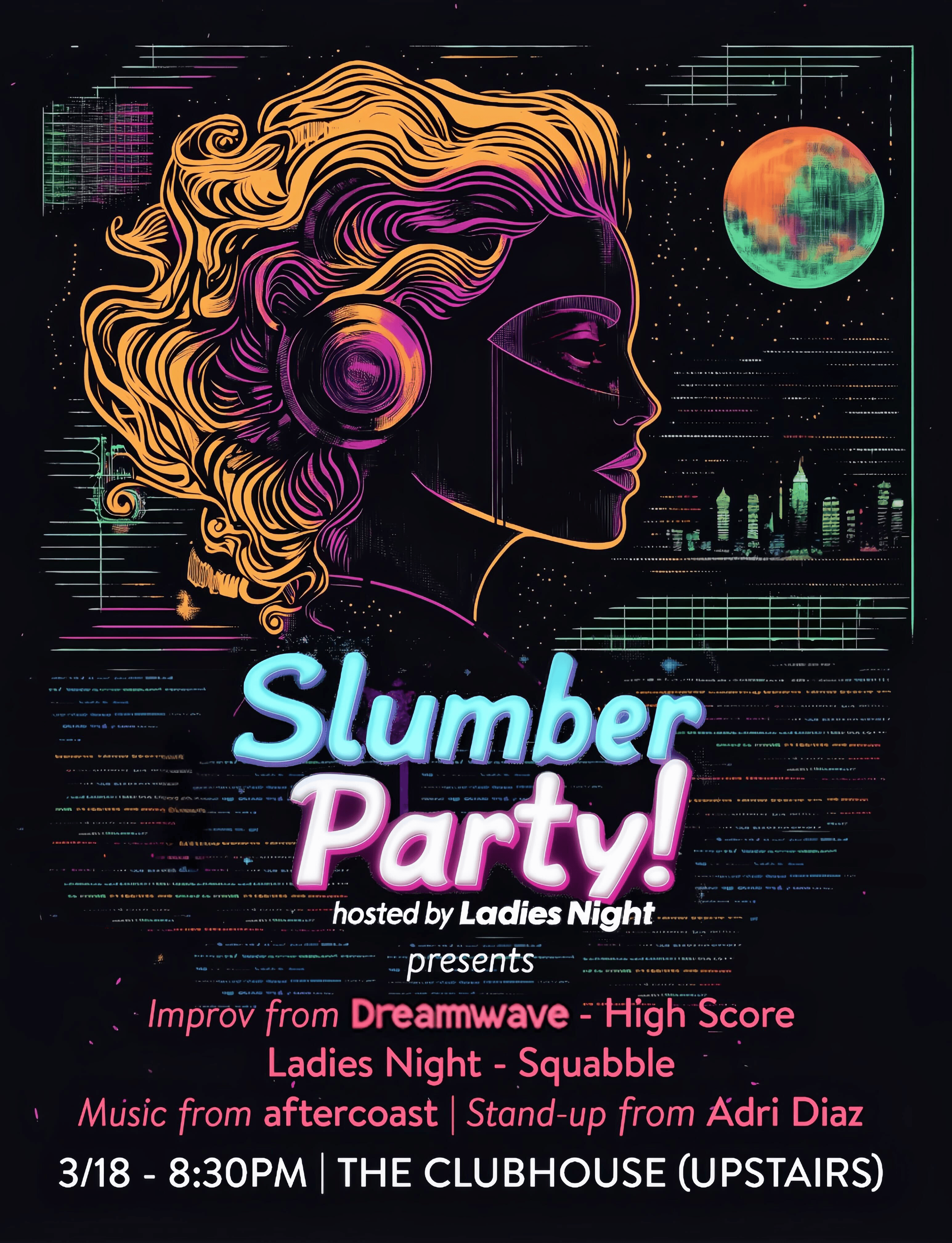 Slumber Party poster with a profile figure in orange-lined hair and pink headphones against glitch textures and distant city lights.