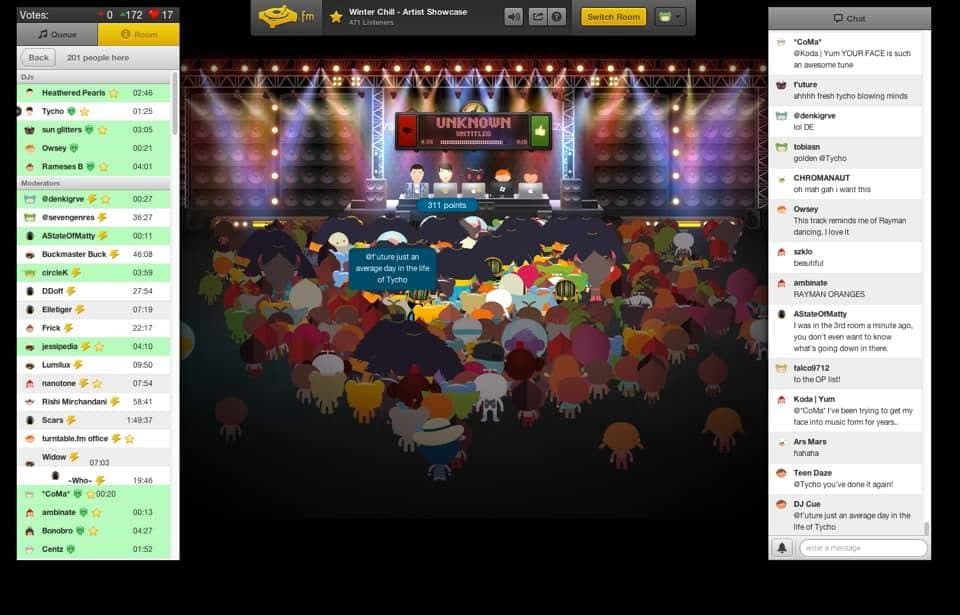 Turntable.fm Winter Chill artist showcase room with a crowded dance floor of avatars and a live DJ queue.