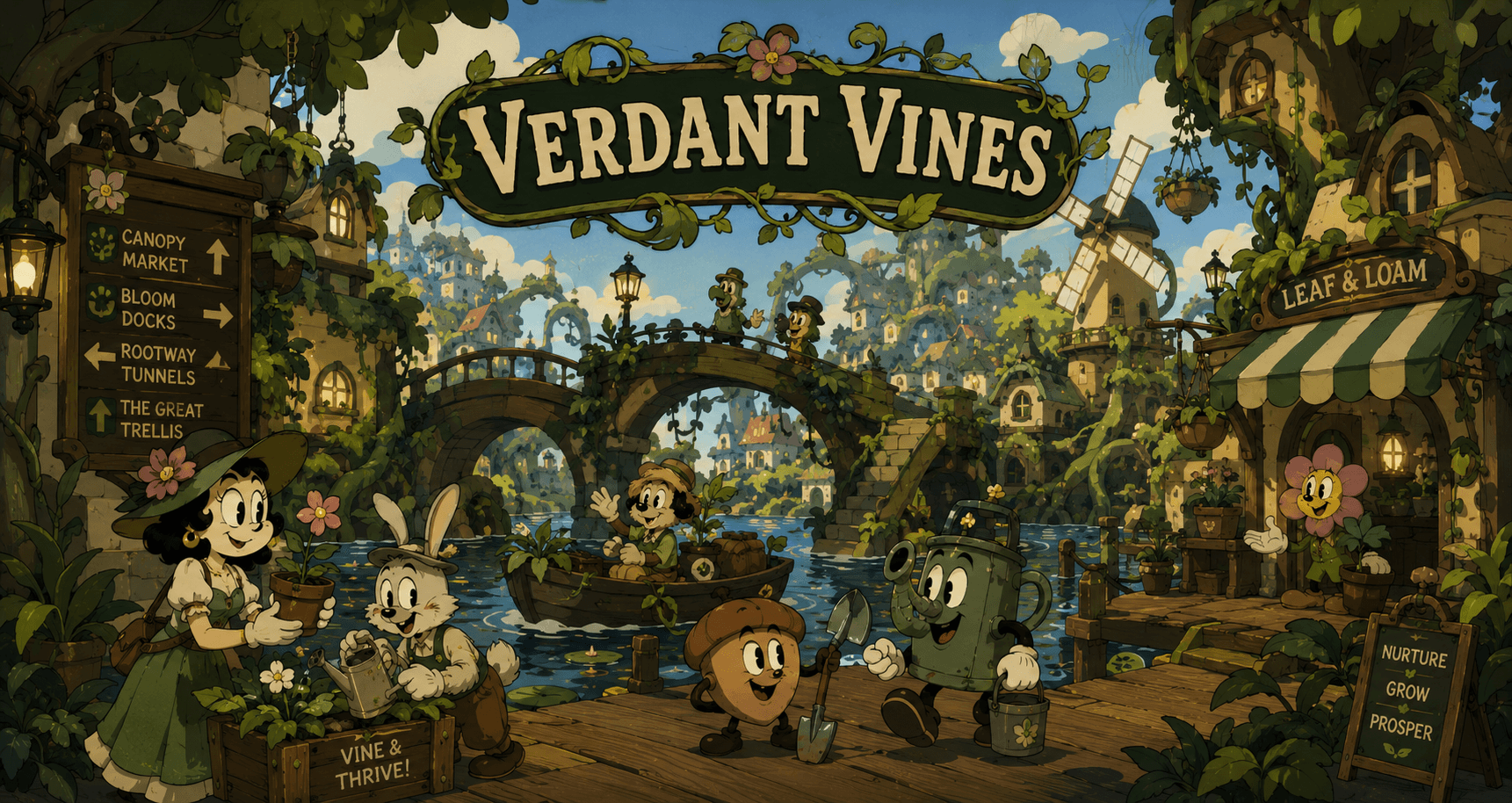 Verdant Vines waterfront district with gardeners, living plants, and the Leaf & Loam shop