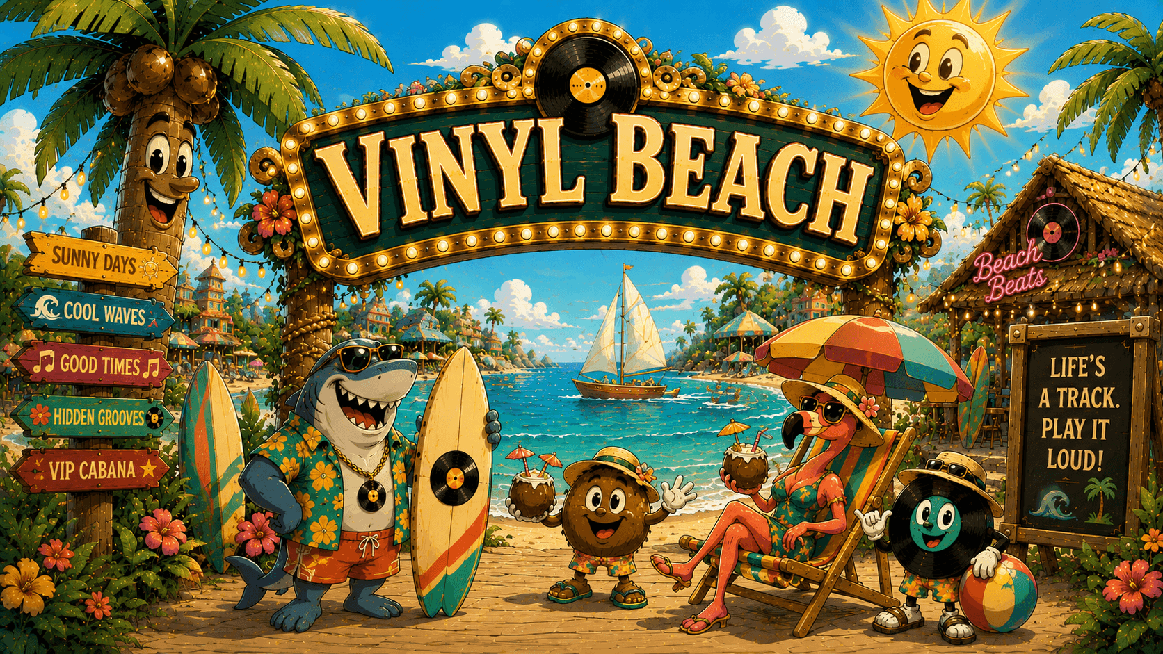 Vinyl Beach district entrance with tropical carnival signage and living vinyl record characters