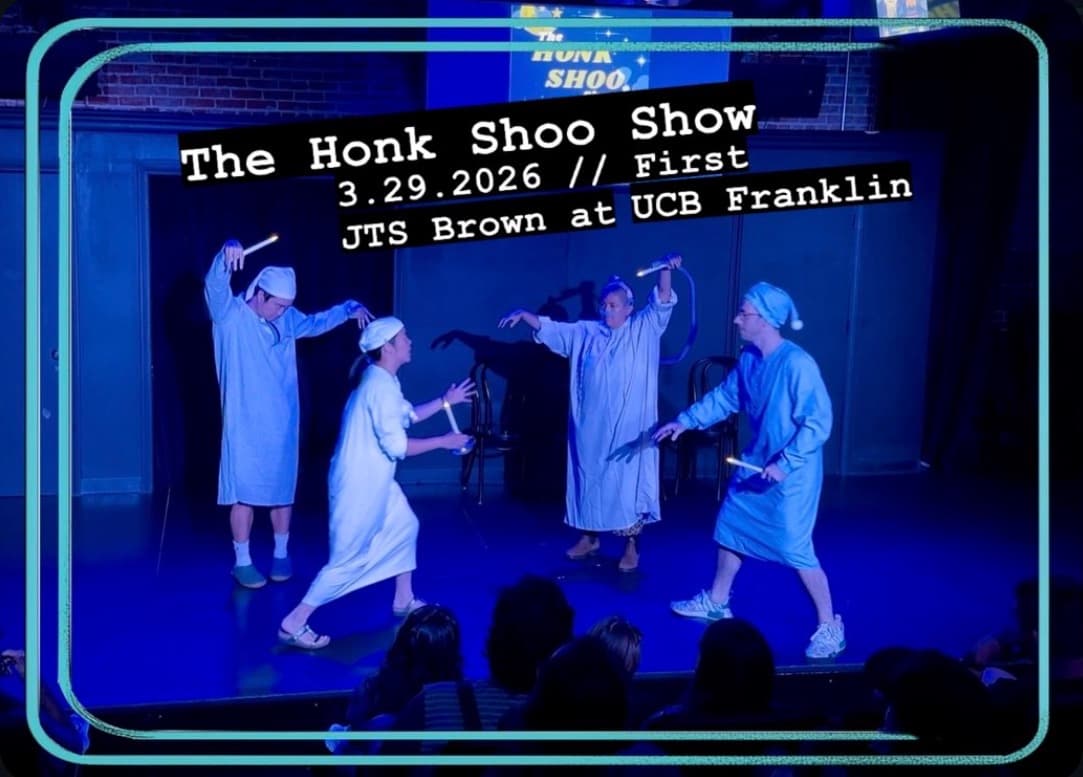 Performers in nightgowns and nightcaps on a blue-lit stage at UCB Franklin for The Honk Shoo Show.